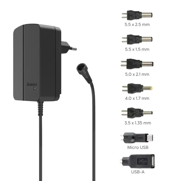 Hama Fuente de Alimentación Multidispositivo 18W 12V 1.5A con 7 Adaptadores y LED Negro