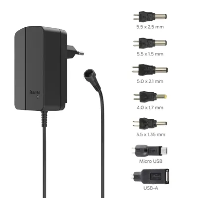 Hama Fuente de Alimentación Multidispositivo 18W 12V 1.5A con 7 Adaptadores y LED Negro
