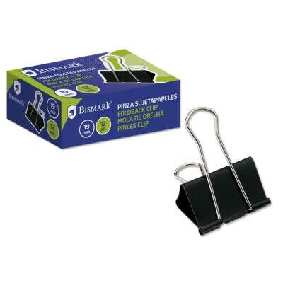 Bismark Pack De 12 Pinzas Sujetapapeles Metalicas De 19Mm - Pala Abatible - Color Negro
