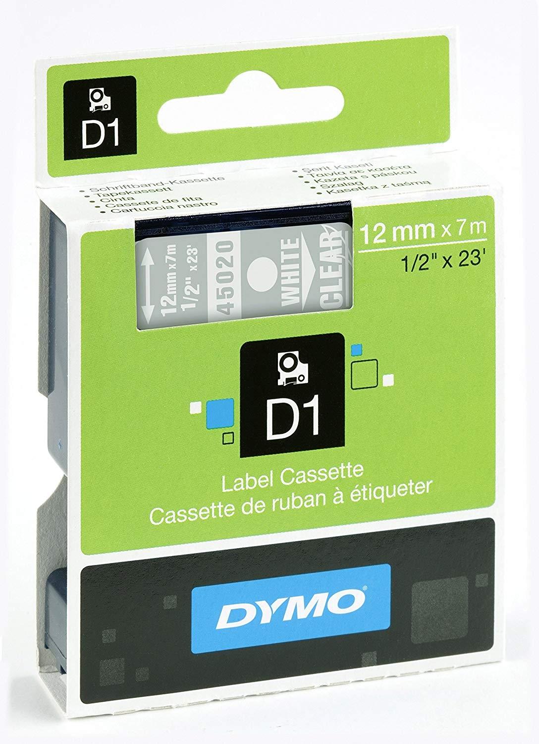 Dymo Cinta De Transferencia Termica D1 45020, Etiquetas Estándar Blanco Sobre Transparente De 12Mmx7M, Poliester Autoadhesiva. Rotuladora Labermanager