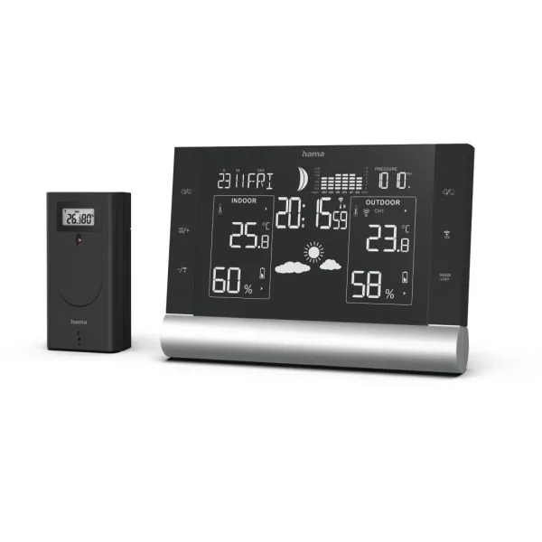 Hama Black Line Plus Estación Meteorológica con Reloj, Sensor Exterior y Termómetro, Negro