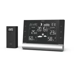 Hama Black Line Plus Estación Meteorológica con Reloj, Sensor Exterior y Termómetro, Negro
