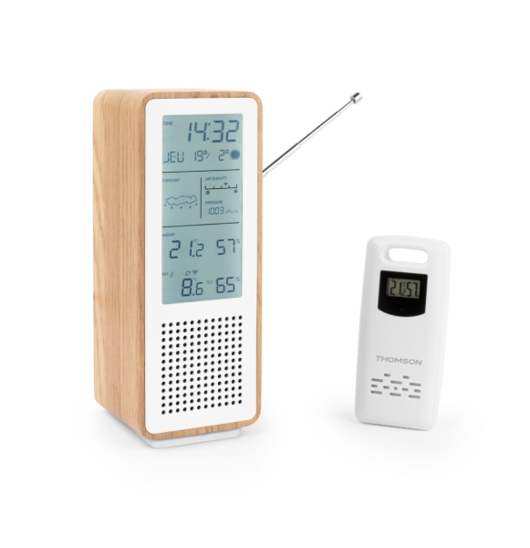 Thomson Altavoz Bluetooth Con Estacion Meteorologica Y Radio Fm - Potencia Musical 15W - Pantalla Retroiluminada - Sonda Exterior Inalambrica - Color Madera Y Blanco