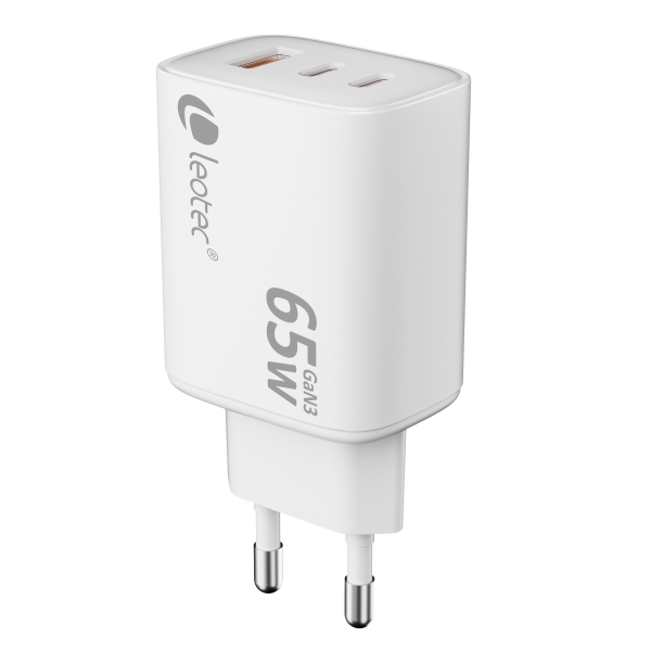 Leotec Cargador Universal 65W Gan - Ultra Slim - 2Usb-C Pd + 1Usb-A - Color Blanco
