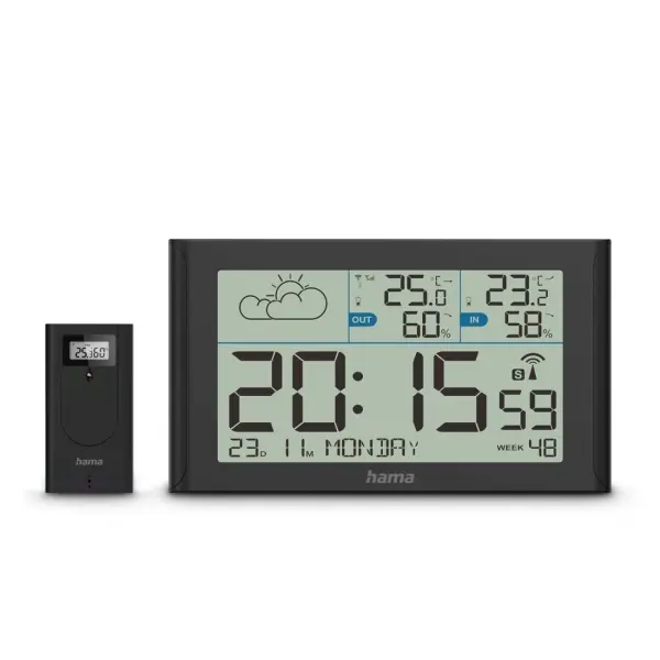 Hama Sylt Estación Meteorológica con Reloj, Sensor Exterior, Termómetro y Higrómetro, Negro, 25x3x14cm