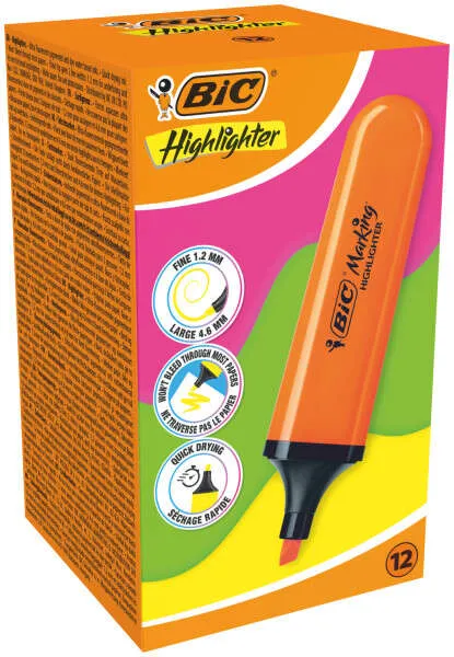 Bic Marking Highlighter Flat Marcador Fluorescente - Punta Biselada - Trazo Entre 1.70 Y 4.80 Mm - Tinta Con Base De Agua - Color Naranja