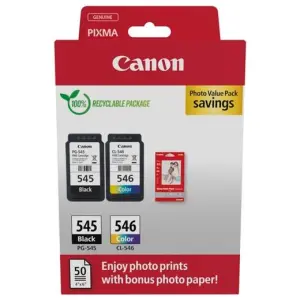 Canon PG-545 Negro + CL-546 Color Cartuchos de Tinta Originales + 50 Hojas Papel Fotográfico