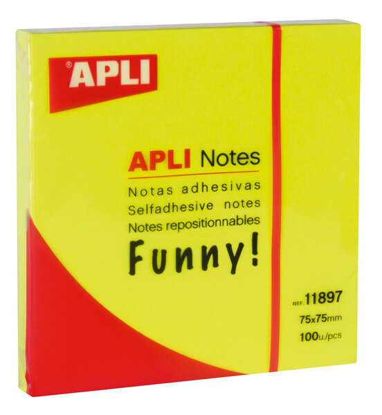 Apli Notas Adhesivas Funny 75X75Mm - Bloc De 100 Hojas - Adhesivo De Calidad - Facil De Despegar - Color Amarillo Fluorescente
