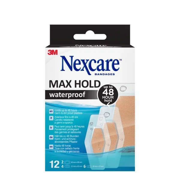 Nexcare Max Hold Waterproof Pack de 12 Apositos Surtidos Impermeables y Transpirables