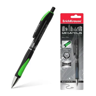 ErichKrause Bolígrafo Automático Megapolis Concept, Cuerpo Satinado, Punta de 5 Canales, Tinta de Secado Rápido, Color Negro