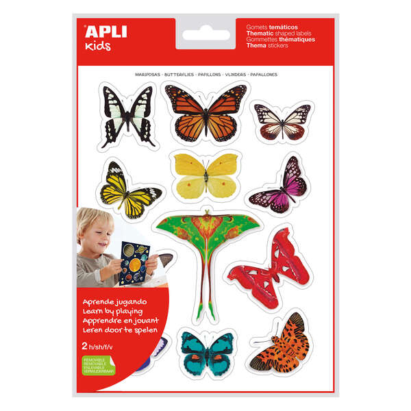 Apli Gomets Tematicos Realistas Mariposas - 24 Unidades Por Bolsa - Adhesivo Removible - Fotografias A Todo Color - Adhesivo Base Agua - Libre De Disolventes - Colorido