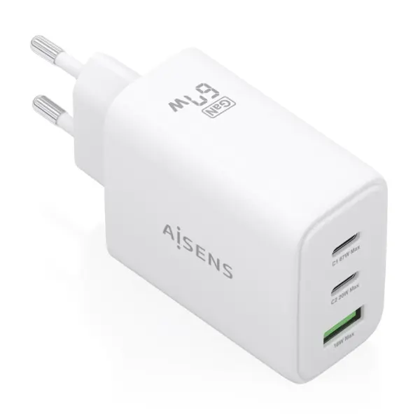Aisens Cargador GAN 67W - 2x USB-C PD3.0 QC4.0 - 1x USB-A QC3.0 - Blanco