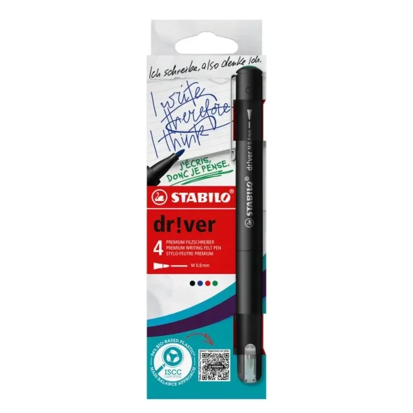 Stabilo Dr!Ver Pack De 4 Rotuladores De Punta Media 0.8Mm - Tinta A Prueba De Manchas, Inodora Y Con Base Al Agua - Fabricado Con 94% De Bioplastico - Colores Surtidos