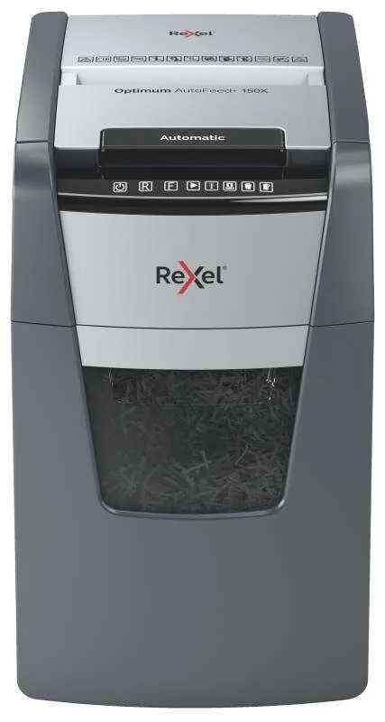 Rexel Optimum Autofeed 150X Destructora Automatica De Corte En Particulas P-4 - Autolimentacion De 150 Hojas, Manual De 8 Hojas - Papelera De 44L - Tecnologia Anti Atascos - Color Gris