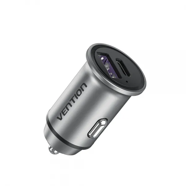 Vention Cargador De Coche 30W 2Xusb (A+C) Qc4.0 5A - Diseño Mini - Aluminio Gris