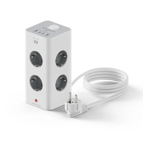 Ewent Regleta Con 12 Tomas De Sobremesa - 8X Schuko 16A - 2X Usb-A - 2X Usb-C - Interruptor On/Off - Proteccion Infantil - Forma De Torre - Cable De 2M - Color Blanco/Gris