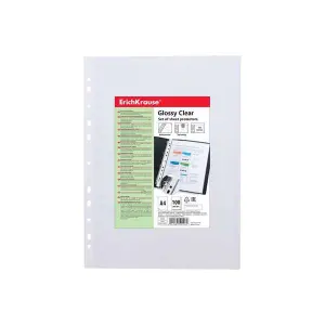 Erichkrause Glossy Clear Pack de 100 Fundas Multitaladro A4 100mic - 11 Taladros - Acabado Brillante Transparente