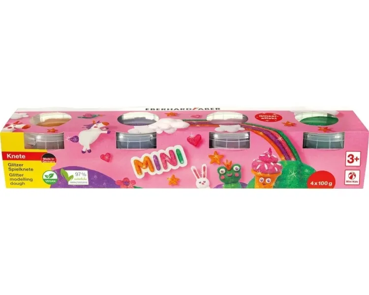 Eberhard Faber Mini Kids Pack Con 4 Botes 100Gr De Pasta De Modelar - 97% Ingredientes Naturales - Colores Brillantes Naranja, Morado, Rosa Y Verde