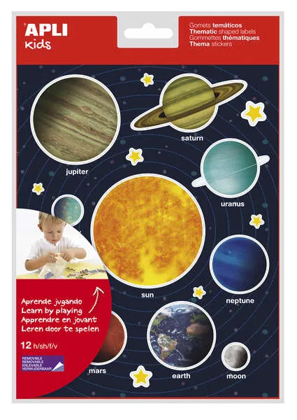 Apli Gomets Tematicos Sistema Solar - 240 Gomets En 12 Hojas - Adhesivo Removible - Ideal Para Aprendizaje Visual Y Habilidades Motoras - Adhesivo Base Agua - Libre De Disolventes - Coloridos