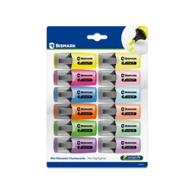 Bismark Long-Life Pack De 12 Mini Marcadores Fluorescentes - 6X Neon Y 6X Pastel - Tinta De Secado Rapido - Punta Biselada - Ideal Para Subrayar Y Resaltar - Diseño Ergonomico - Alta Durabilidad