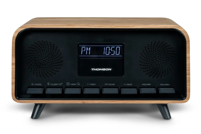 Thomson RT850BT Altavoz Retro Bluetooth con Radio Reloj Despertador 30W Madera/Negro
