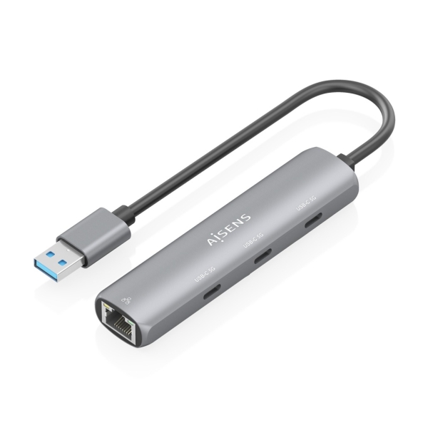 Aisens Asuc-4P037-Gr Adaptador De Red Usb 3.0 A Ethernet Gigabit + Hub 3Xusb-C - 15Cm - Color Gris