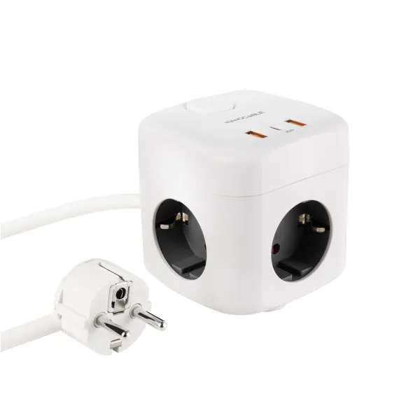Nanocable Base De 3 Enchufes Schuko + 2X Usb-A Y 1X Usb-C Con Interruptor - Tecnologia Gan, Pps Y Pd 20W - Cable De 1.40M - Color Blanco