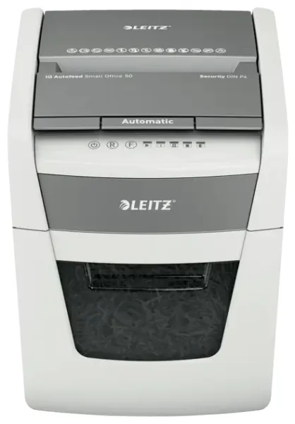 Leitz IQ Autofeed 50X P4 Destructora Automática de Papel, Corte en Partículas P-4, 50 Hojas, 20L, Blanco/Gris