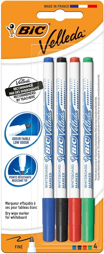 Bic Velleda 1721 Pack de 4 Rotuladores para Pizarra Punta Fina Colores Surtidos