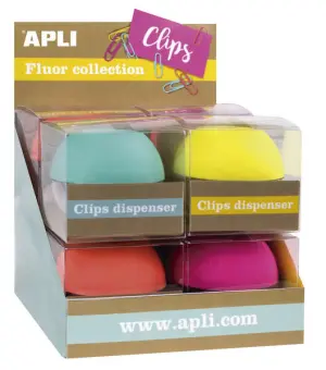 Apli Expositor de Clips Fluor - Ø 70x60 mm - 8 Dispensadores en 4 Colores - Tapa Magnética Soft Touch - Incluye 50 Clips
