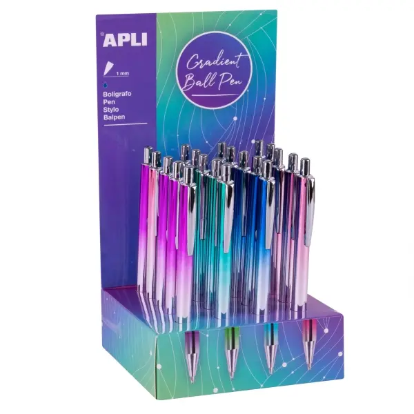 Apli Expositor Gradient con 20 Bolígrafos Metálicos Retráctiles Punta 1mm Tinta Azul
