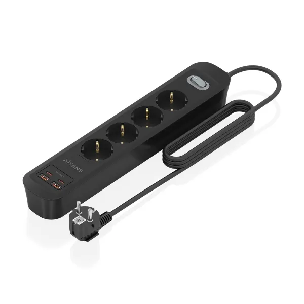 Aisens Regleta Con 4 Tomas Schuko - 2Xusb-C - 2Xusb-A - Cable De 1.4M - Interruptor Con Indicador Led - Power Delivery - Qualcomm 3.0 - Color Negro
