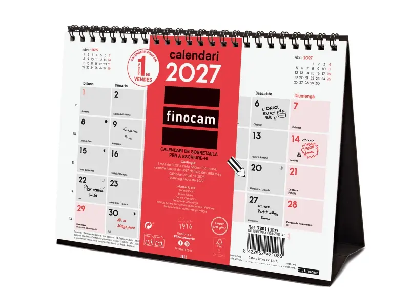 Finocam Calendario de Sobremesa Anual 2027 en Catalán - 210x150mm - Espiral Doble - Rojo y Blanco