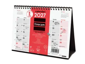 Finocam Calendario de Sobremesa Anual 2027 en Catalán - 210x150mm - Espiral Doble - Rojo y Blanco