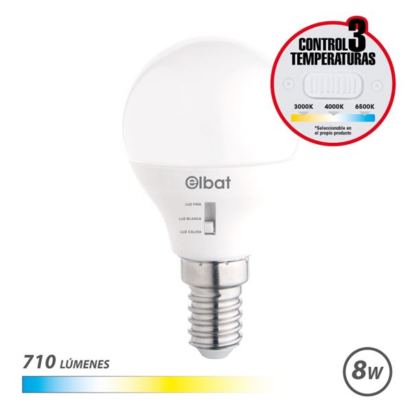 Elbat Bombilla Led G45 - 8W - 710Lm - E14 - Selector De Luz - Calida 3000K, Blanca 4000K Y Fria 6500K