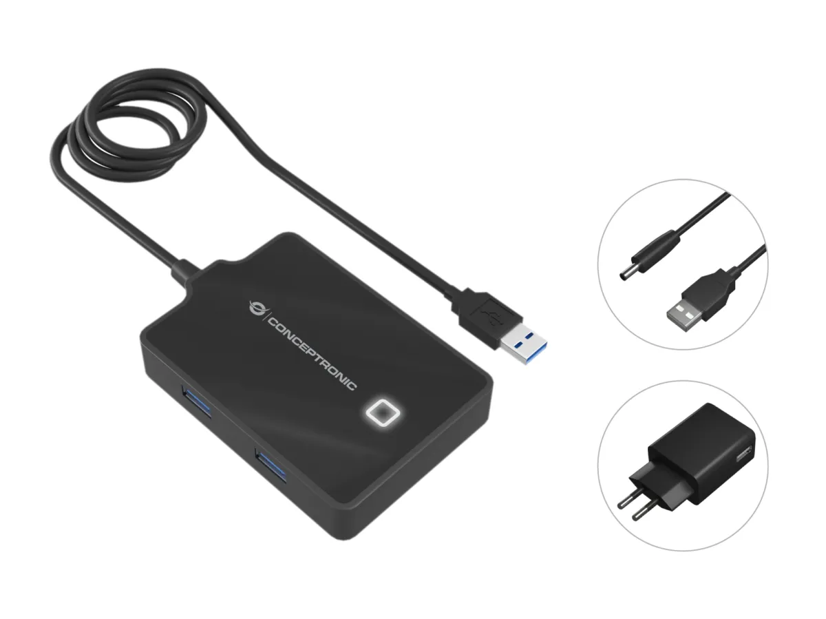 HUB USB3.0 CONCEPTRONIC HUBBIES11B 4 PUERTOS Y CABLE DE 90CM CON ALIMENTADOR
