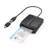 Hama Lector de Tarjeta Inteligente DNI con Indicador LED y Cable USB-A Integrado, Adaptador USB-C, Negro