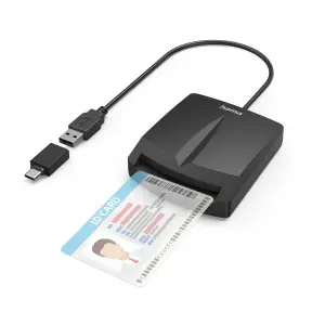 Hama Lector de Tarjeta Inteligente DNI con Indicador LED y Cable USB-A Integrado, Adaptador USB-C, Negro