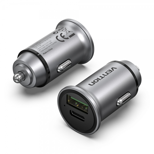 Vention Cargador De Coche 20W 2Xusb (A+C) Qc4.0 3.4A - Diseño Mini - Aluminio Gris