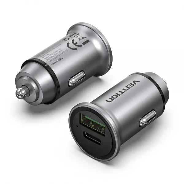 Vention Cargador De Coche 20W 2Xusb (A+C) Qc4.0 3.4A - Diseño Mini - Aluminio Gris