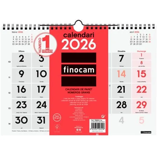 Finocam Calendario De Pared Números Grandes M-300X210Mm Mv Neutro 2026 Catalán