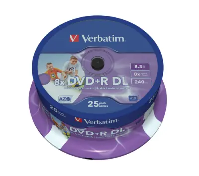 Verbatim DVD+R Doble Capa 8.5GB 8X 25 Pack Spindle Superficie Matt Inkjet Printable
