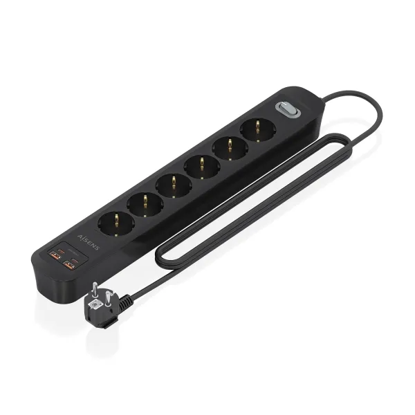 Aisens Regleta Con 6 Tomas Schuko - 2Xusb-C - 2Xusb-A - Cable De 1.4M - Interruptor Con Indicador Led - Power Delivery - Qualcomm 3.0 - Color Negro