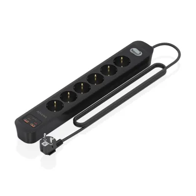 Aisens Regleta 6 Tomas Schuko con 2xUSB-C y 2xUSB-A, 1.4m, Interruptor LED, Power Delivery, Qualcomm 3.0, Negro