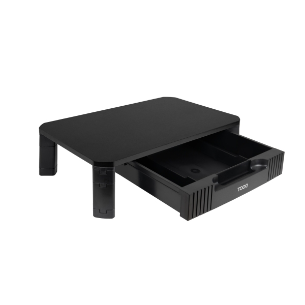 Tooq Soporte Elevador Para Monitor O Portatil - Cajon De Gran Capacidad - Almohadillas Antideslizantes - Regulacion De Altura - Peso Max. 20Kg - Color Negro