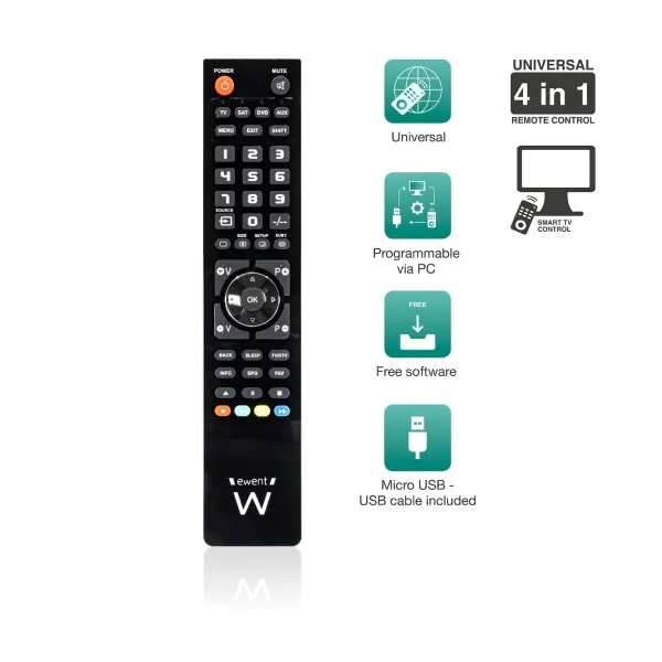 Ewent Control Remoto Universal 4 en 1 Programable con Cable Micro USB y PC - Negro