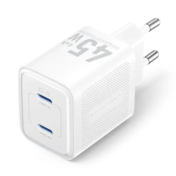Vention Cargador De Pared - 45W - Gan - 2Xusb-C - Power Delivery 3.0 - Qualcomm 3.0 - Color Blanco