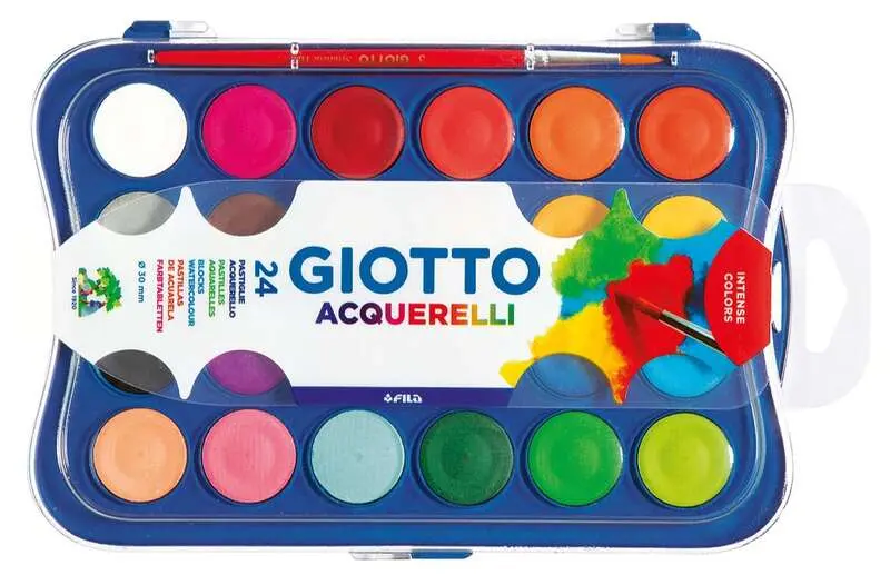 Giotto Estuche de 24 Acuarelas de 30mm con Pincel - Colores Brillantes y Vivos