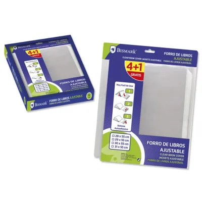 Bismark Pack De 5 Forros Para Libros 310Mm De Polipropileno - Solapa Ajustable - Facil Forrado En 3 Pasos - Sin Necesidad De Cortar Ni Usar Cinta Adhesiva - Transparente