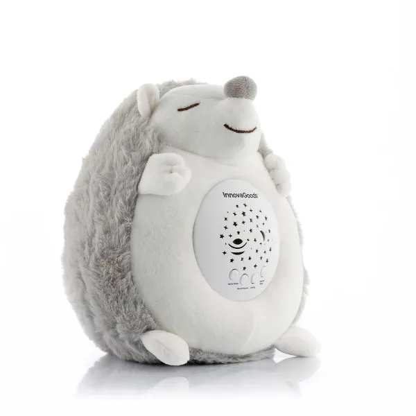Innovagoods Spikey Erizo de Peluche con Ruido Blanco y Proyector Quitamiedos - Luz LED RGB - Apagado Automatico - Estrellas y Lunas en el Techo - 16x19x15cm - Color Blanco y Gris